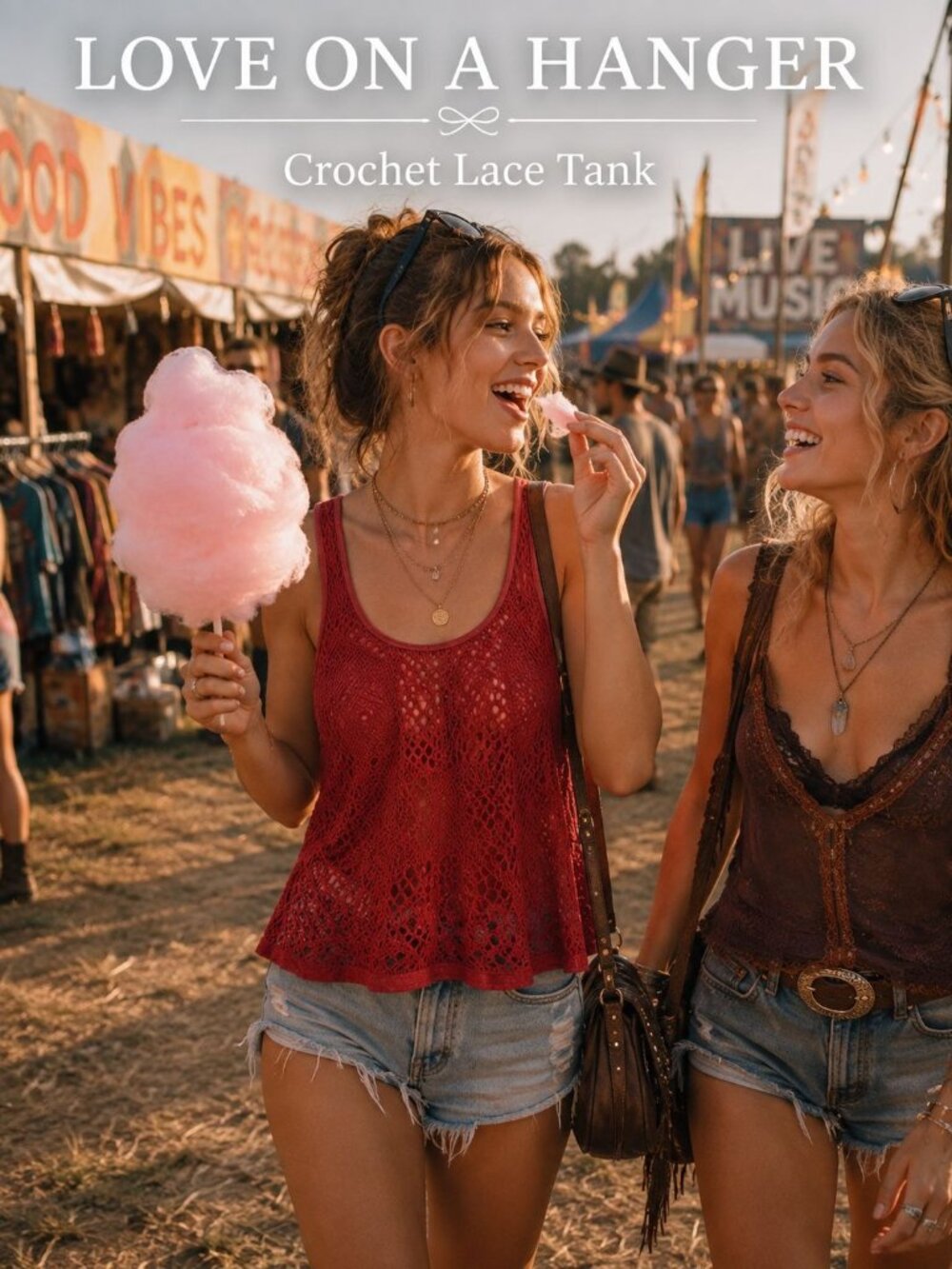Love on a Hanger Tank L Red Crochet Lace Overlay Zip Back Boho Festival